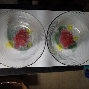 Vintage KIG Malaysia Pressed Glass Flower Decorated Bowl